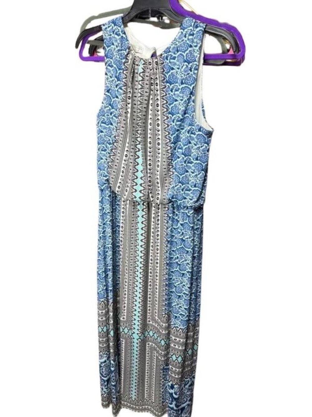 London Collection Womens Blue Print Maxi Dress Sleeveless M US 8-10